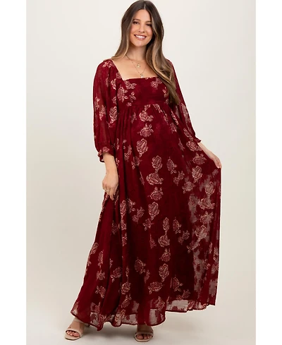 Pinkblush Maternity Burgundy Multi Floral Textured Peasant Babydoll Maxi Dress