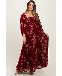 Pinkblush Maternity Burgundy Multi Floral Textured Peasant Babydoll Maxi Dress