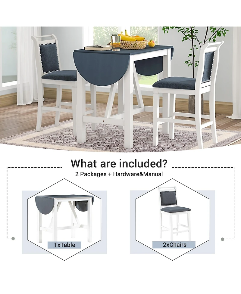 Boyel Living 3-Piece Wood Drop Leaf Counter Height Dining Table Set with 2 Upholstered Chairs