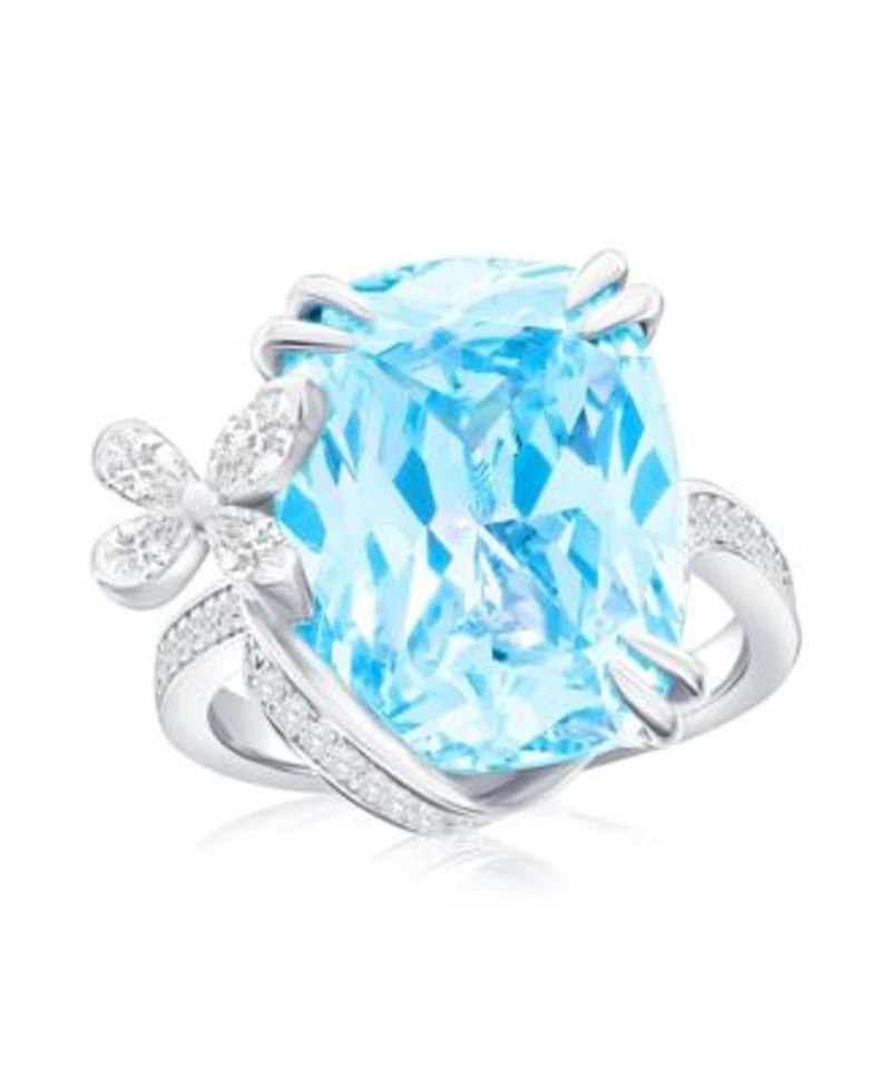 Suzy Levian Gala Collection Sterling Silver Elongated Cushion Firework Cut Cubic Zirconia Butterfly Accent Ring