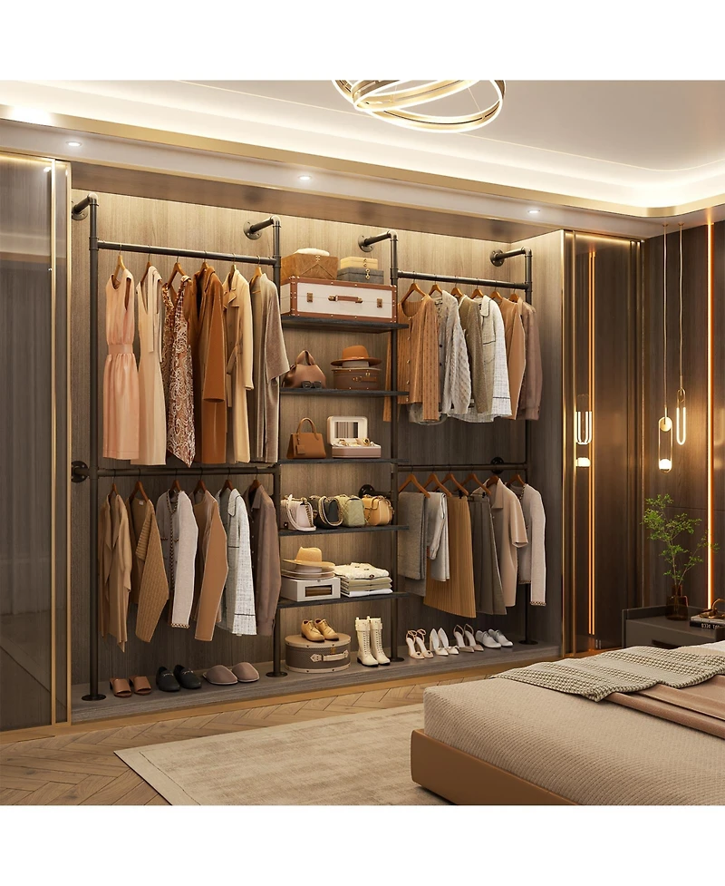 Aheaplus 6.42FT Industrial Metal Pipe Clothing Rack, Reversible Clothes Rack with 5 Shelves and 4 Hanging Rods