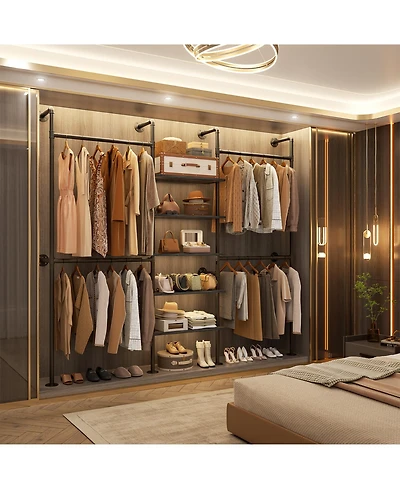 Aheaplus 6.42FT Industrial Metal Pipe Clothing Rack, Reversible Clothes Rack with 5 Shelves and 4 Hanging Rods