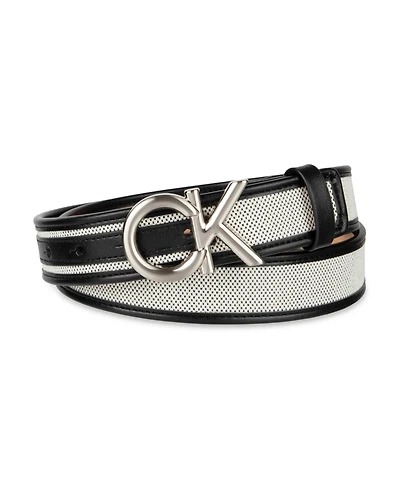 Calvin Klein Women's Woven Inlay Leather Belt with Puff Ck Monogram Buckle