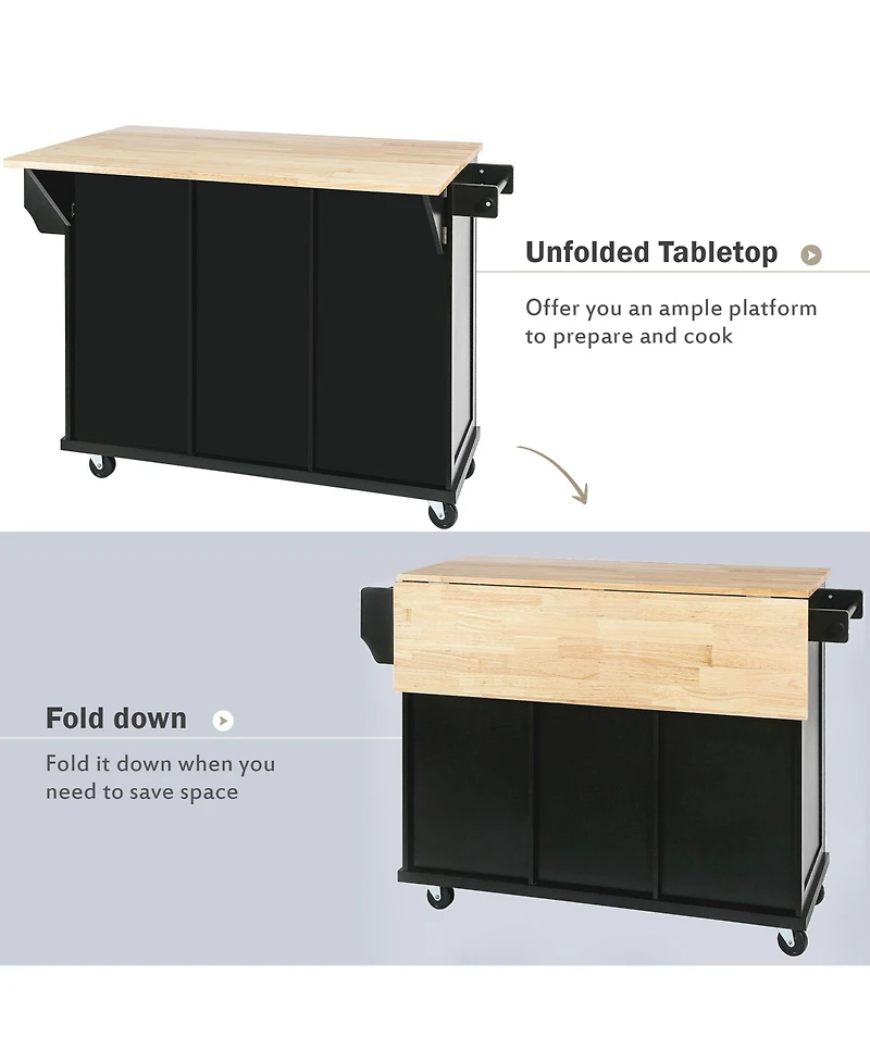 sumyeg Kitchen Cart with Rubber Wood Drop Leaf, Internal Storage Racks, Rolling Island Cabinet and 3 Drawers for Dining Room