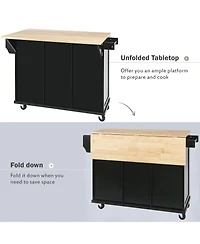 sumyeg Kitchen Cart with Rubber Wood Drop Leaf, Internal Storage Racks, Rolling Island Cabinet and 3 Drawers for Dining Room