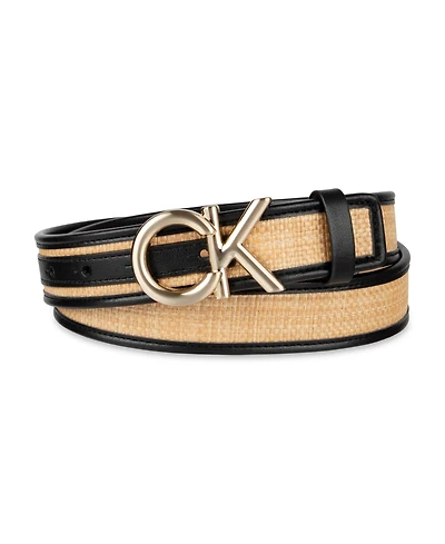 Calvin Klein Women's Woven Inlay Leather Belt with Puff Ck Monogram Buckle