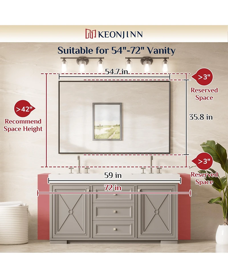 Keonjinn 55x36 Inch Brushed Gold Bathroom Vanity Mirror Metal Framed Over Sink Wall Mirror Horizontal/Vertical