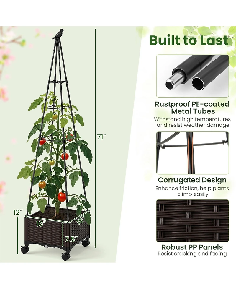 Sugift Raised Garden Bed Adjustable with Plant Box and Trellis with Lockable Wheels