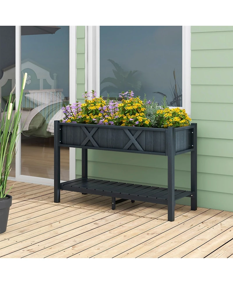 Sugift Pots & Planters Poly Wood Elevated Planter Box with Legs Storage Shelf Drainage Holes-Black