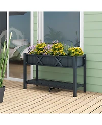 Sugift Pots & Planters Poly Wood Elevated Planter Box with Legs Storage Shelf Drainage Holes-Black