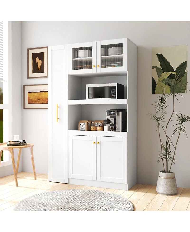 Casainc Kitchen Pantry Cabinet with 4 Doors and Pull-Out Multi-Tier Shelves, Storage Organizer for Kitchen and Dining