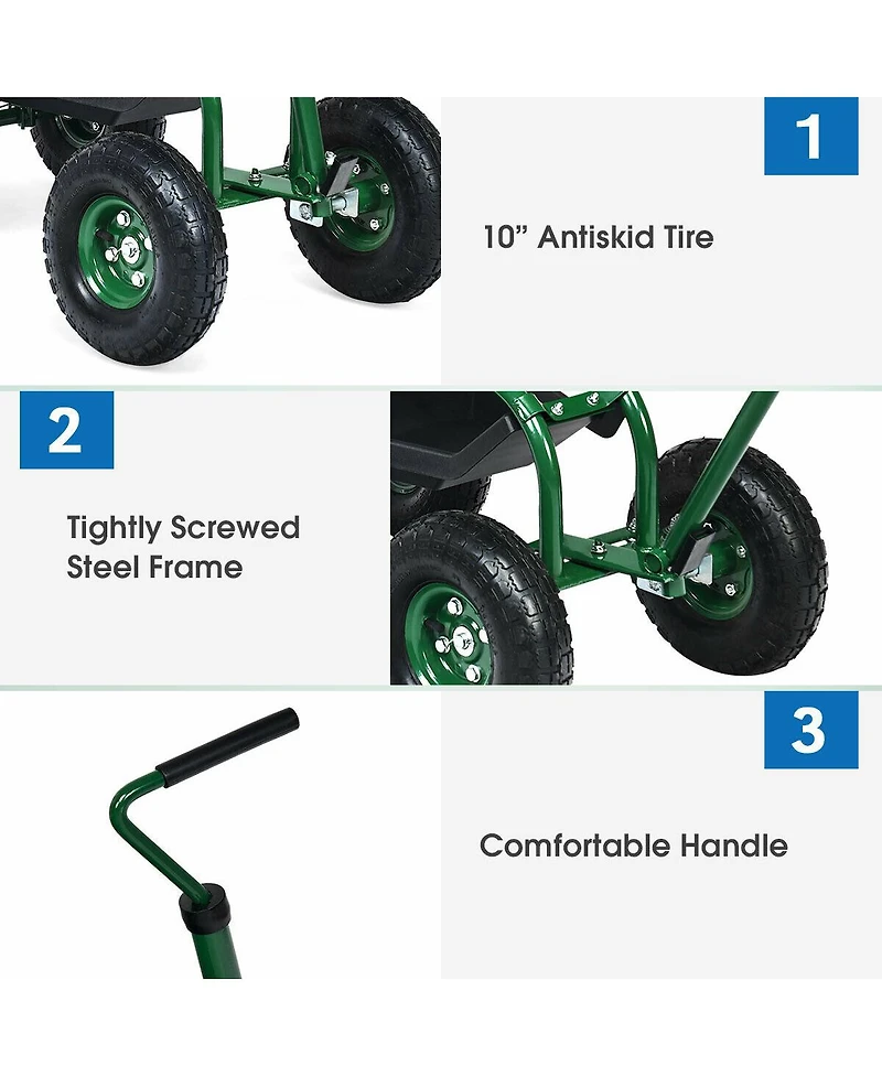 Sugift Extendable Handle Garden Cart Rolling Wagon Scooter-Green