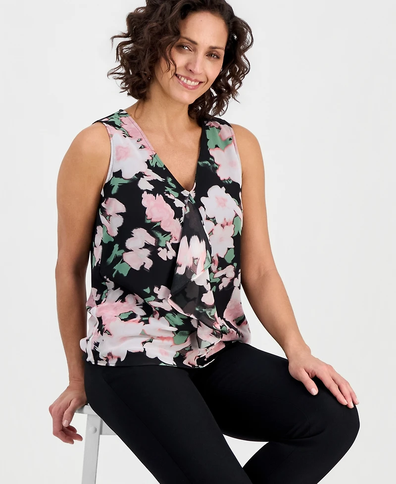 Kasper Women's Printed Ruffled Sleeveless Blouse