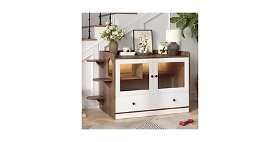 Aostirmotor Cat Litter Box Cabinet with Drawer and Stairs Brown White