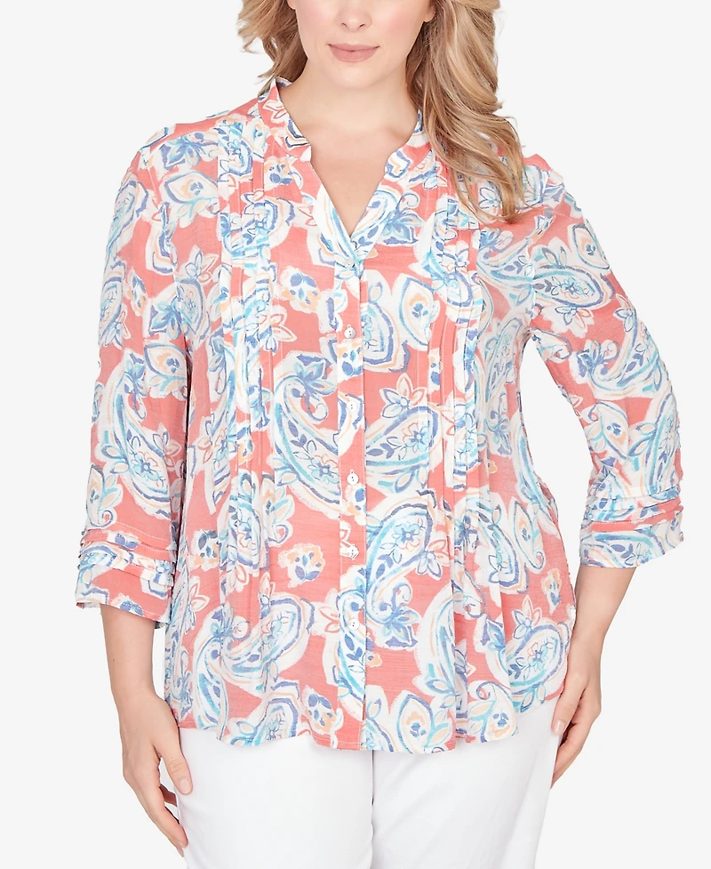 Ruby Rd. Plus Paisley Silky Gauze Button Front Top