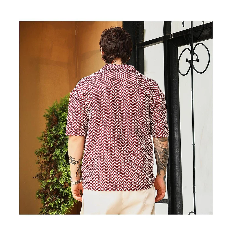 Campus Sutra Men's Crimson Red Geometric-Crochet Cuban Oversized Shirt
