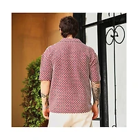 Campus Sutra Men's Crimson Red Geometric-Crochet Cuban Oversized Shirt