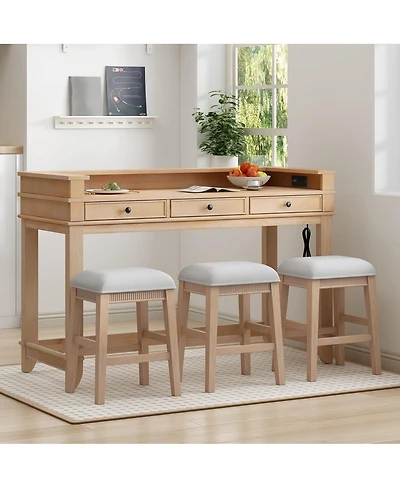 Maison Boucle 4-Piece Counter Height Dining Set with 3 Upholstered Stools, Storage Drawers & Usb Charging for Small Spaces