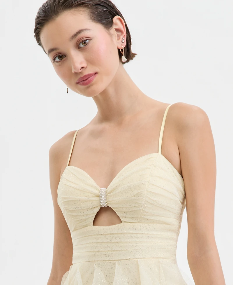 pear culture Juniors' Strappy Mesh Petal Ball Gown