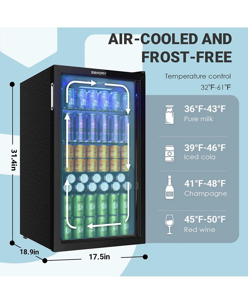 Euhomy 17.5" Single Zone 126 Cans 3.2 Cu.Ft. Beverage Cooler