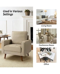 Mid-century Modern Elizabeth Genuine Leather Armchair with Wood Flared Legs