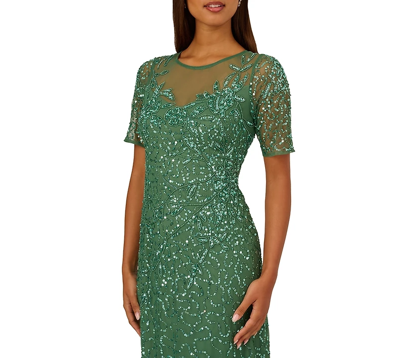 Adrianna Papell Women's Beaded Column Short-Sleeve Dress