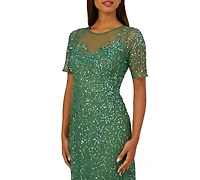 Adrianna Papell Women's Beaded Column Short-Sleeve Dress