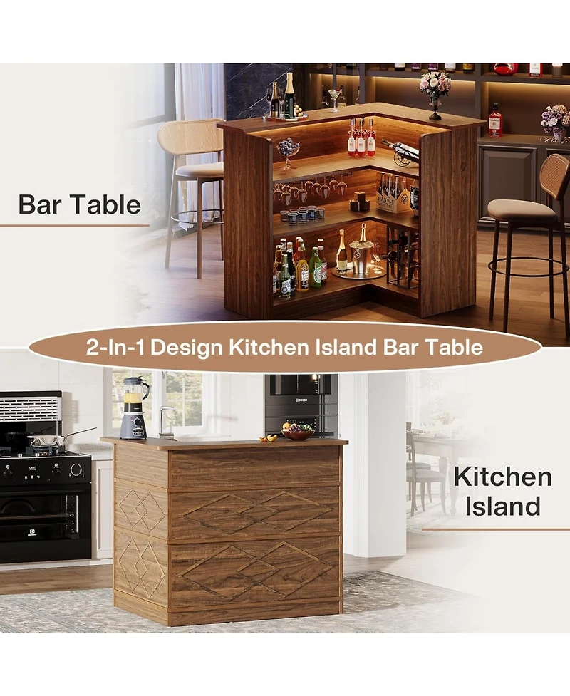 Tribesigns L-Shaped Kitchen Island, with Storage Shelves & Wine Glass Holder, Brown