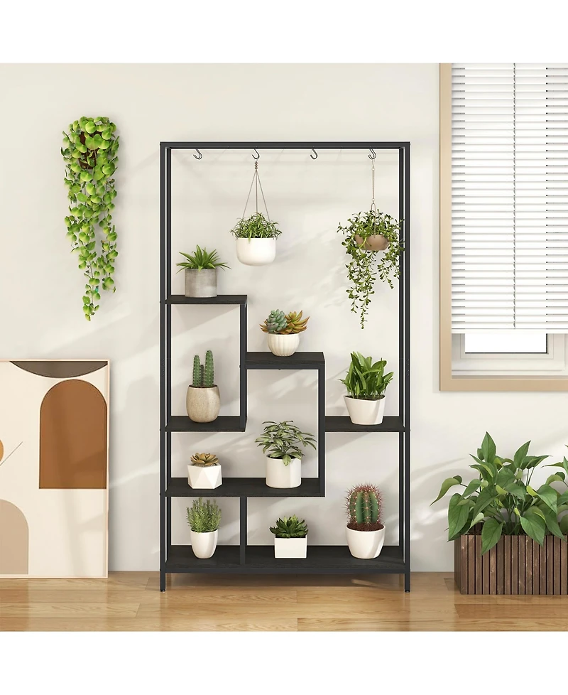 Sugift 6-Tier Tall Plant Stand 71 Inch Metal Indoor Plant Shelf with 10 Hanging Hooks-Black