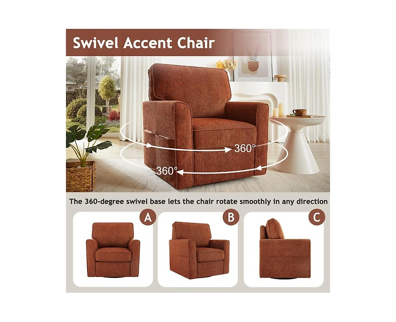 360°Swivel Chair with Side Pockets Compact Chenille Armchair