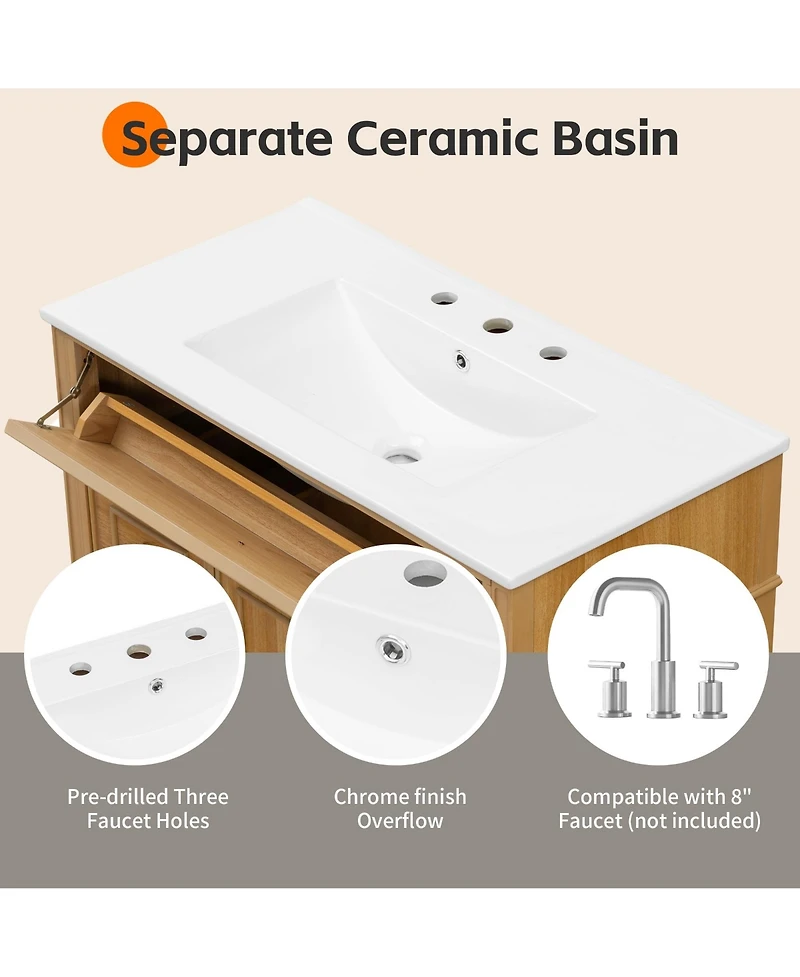 Boyel Living 36" Bathroom Vanity with Sink, Wood Vanity Cabinet with Flip-Out Drawer, Solid Wood & Mdf, Elegant Rubber Wood Handles