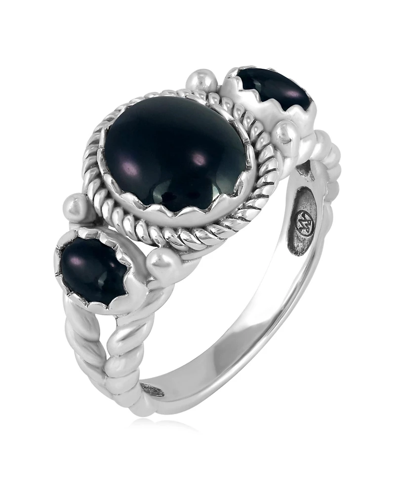 American West Jewelry Sterling Silver Black Agate 3-Stone Ring, Sizes 5 to 11