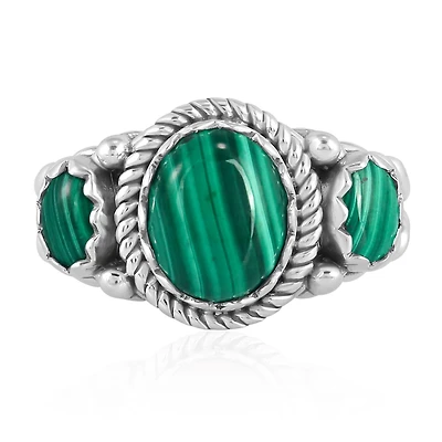American West Jewelry Sterling Silver Malachite 3-Stone Ring