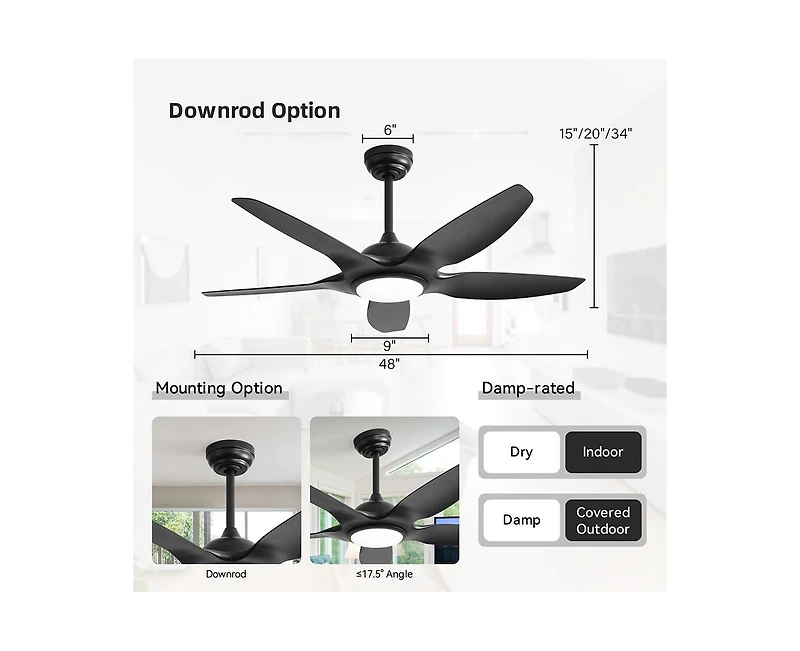 Sofucor 48-inch Matte 5-Blade Ceiling Fan with Six Speed Remote Control and Forward Reverse Function for Indoor Use