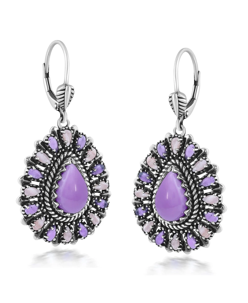 American West Jewelry Sterling Silver Phosphosiderite, Rhodochrosite, and Amethyst Cluster Pear Shaped Dangle Earrings