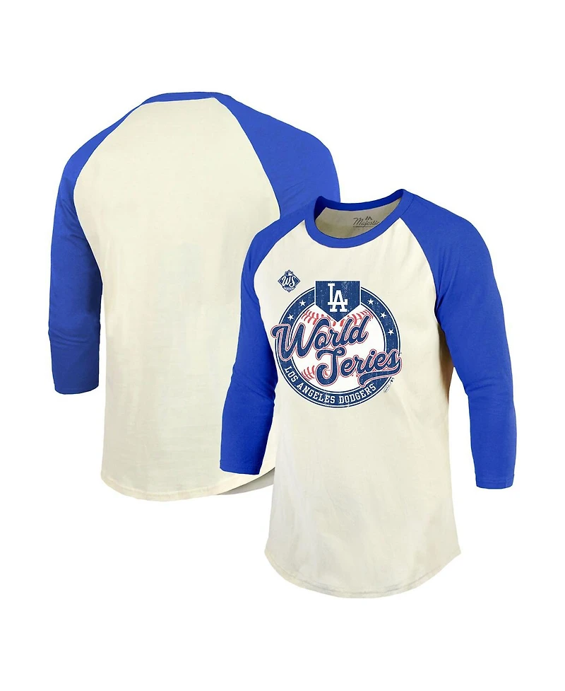Majestic Threads Men's Cream/Royal Los Angeles Dodgers 2025 World Series Soft hand Tri-Blend 3/4 Sleeve Raglan T-Shirt