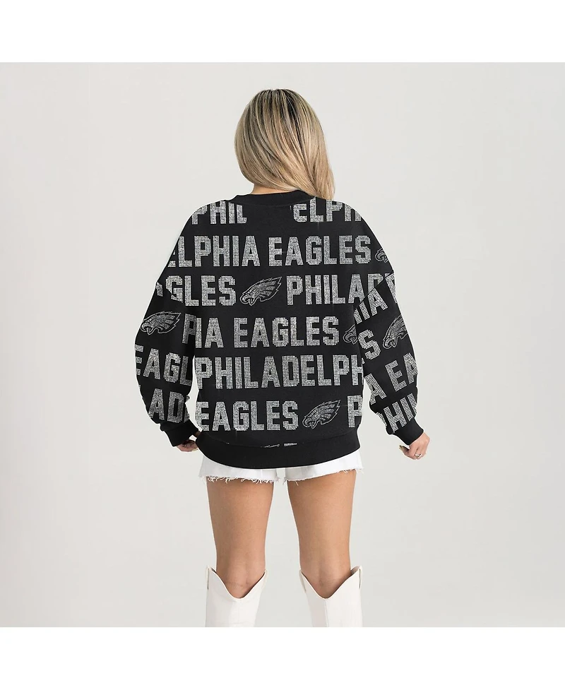 Gameday Couture Women's Black Philadelphia Eagles Oversized Hype Era Rhinestone Text Sweatshirt