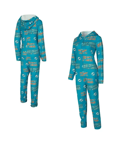 Concepts Sport Women's Aqua Miami Dolphins Roadway Allover Print Microfleece Full-Zip Union Suit
