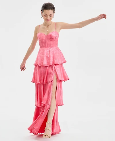 B Darlin Juniors' Sweetheart-Neck Tiered Slit-Front Gown