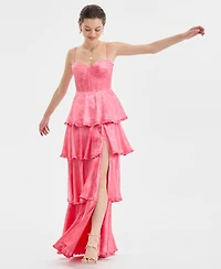 B Darlin Juniors' Sweetheart-Neck Tiered Slit-Front Gown