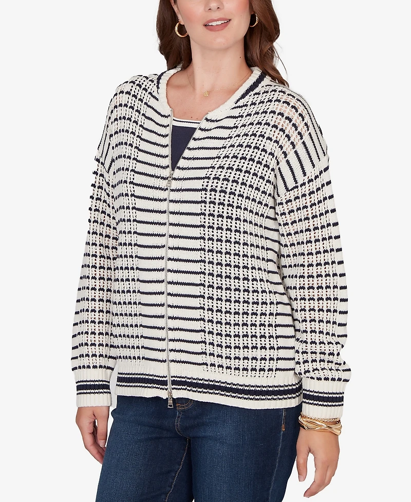Ruby Rd. Petite Mesh Stitch Zip Sweater Jacket