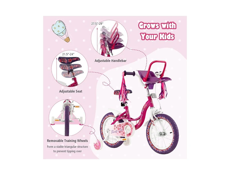 14 Inch Kids Bike with Doll Seat and Removable Training Wheels for 3-7 Years Old