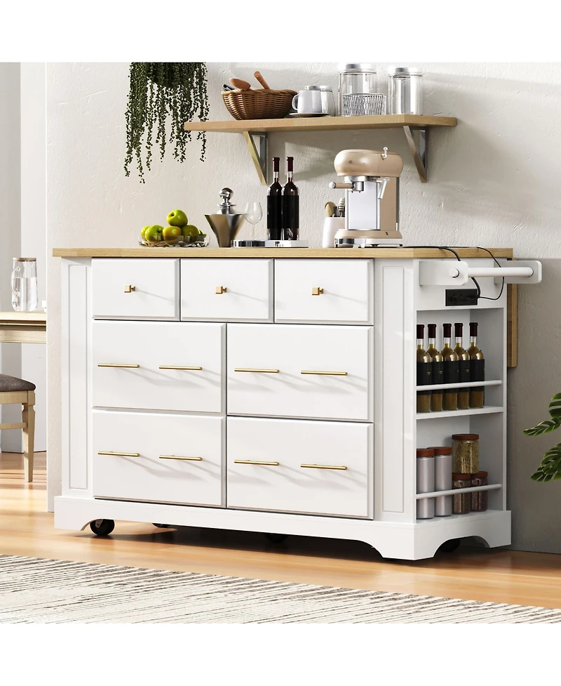 "Casainc Kitchen Island Cart w/ 6 Drawers, Trash Pull-Out, Drop Leaf, Power Outlet & Side Racks – Mobile Storage"