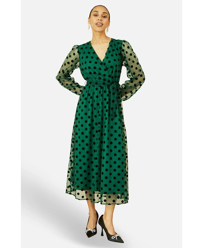 Yumi Women's Spot Mesh Wrap Midi Skater Dress