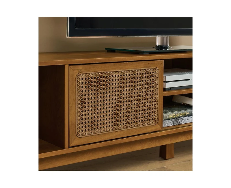 67.9 Inch Mid Century Modern Storage Cabinet With Rattan Tv Stand