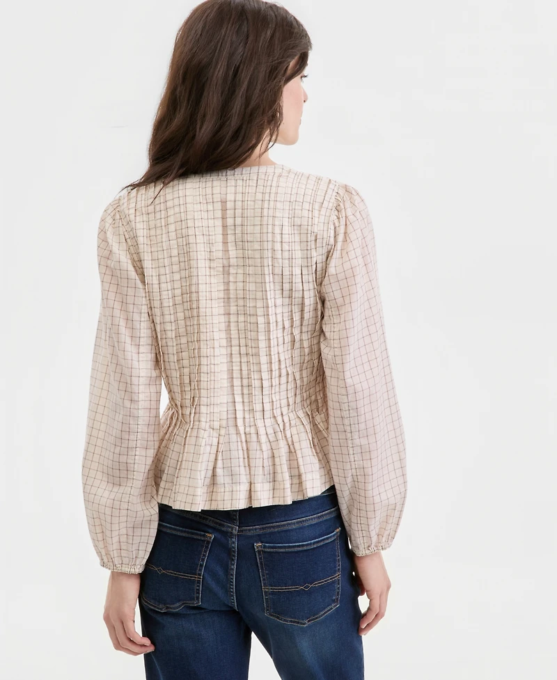 Lucky Brand Women's Cotton Plaid Pintucked Long-Sleeve Top