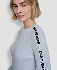 Dkny Jeans Women's Long-Sleeve Logo Trim Crewneck Sweater