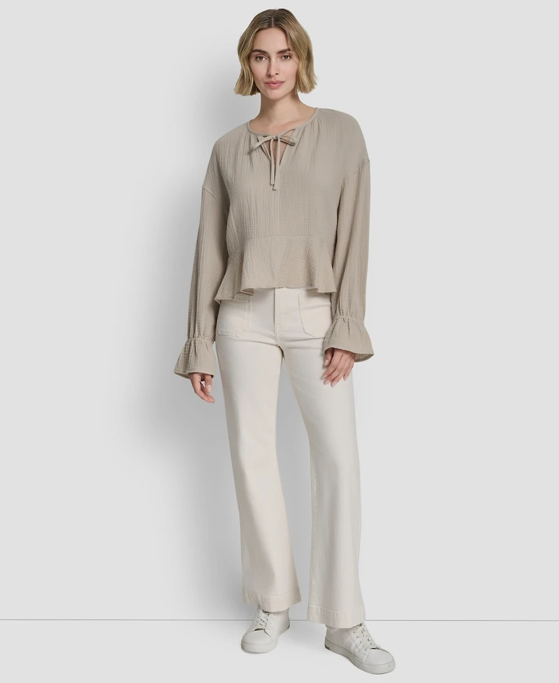 Dkny Jeans Women's Long-Sleeve Tie Neck Crop Top