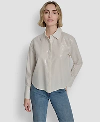 Dkny Jeans Women's Logo Embroidery and Sequin Button-Front Shirt