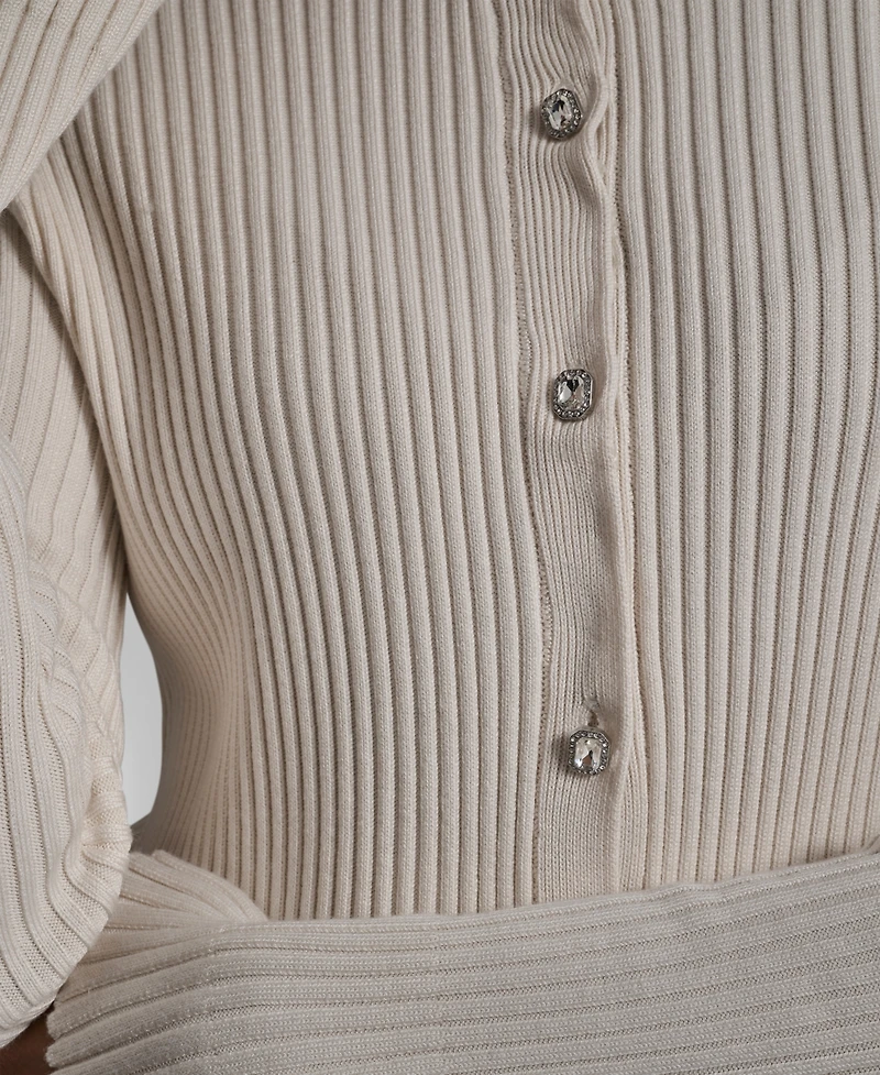 Dkny Jeans Women's Long-Sleeve Ribbed Rhinestone Button Cardigan Sweater